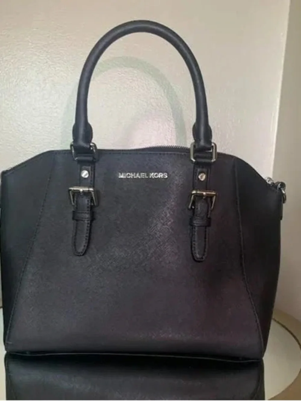 Michael Kors Black Leather Dome Satchel with Gold Hardware